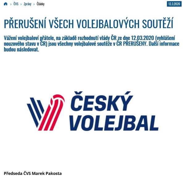 BLESKOVÁ ZPRÁVA - volejbalové soutěže jsou přerušeny